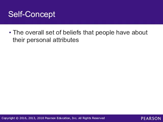 Self-Concept The overall set of beliefs that people have about their personal attributes