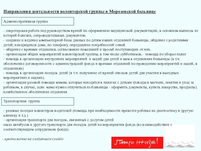 Направления деятельности волонтерской группы в Морозовской больнице Административная группа -