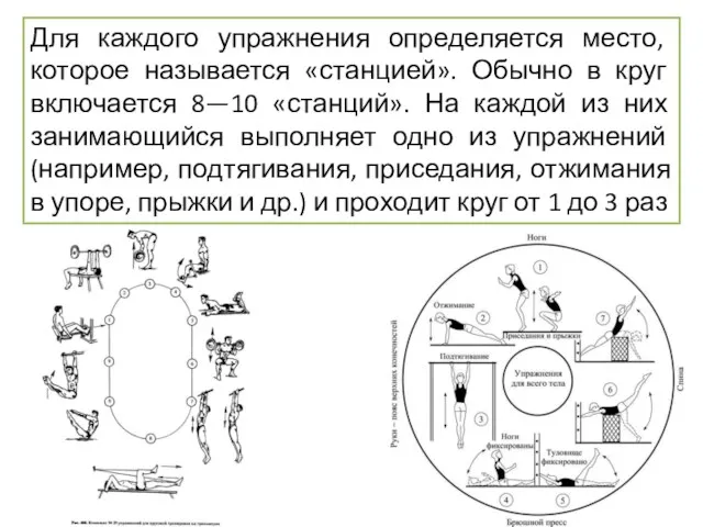 Для каждого упражнения определяется место, которое называется «станцией». Обычно в