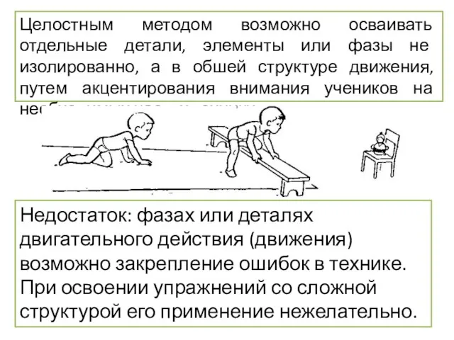 Целостным методом возможно осваивать отдельные детали, элементы или фазы не