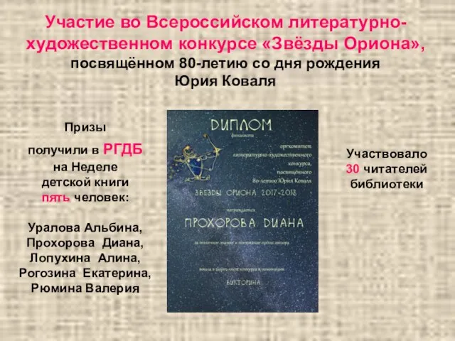 Участие во Всероссийском литературно-художественном конкурсе «Звёзды Ориона», посвящённом 80-летию со дня рождения Юрия