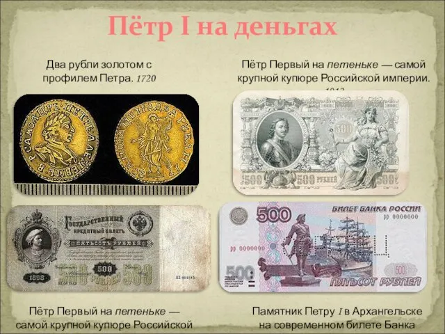 Пётр I на деньгах Два рубли золотом с профилем Петра. 1720 Пётр Первый