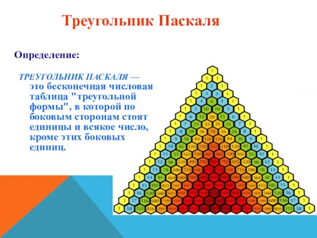 Треугольник Паскаля ТРЕУГОЛЬНИК ПАСКАЛЯ — это бесконечная числовая таблица "треугольной