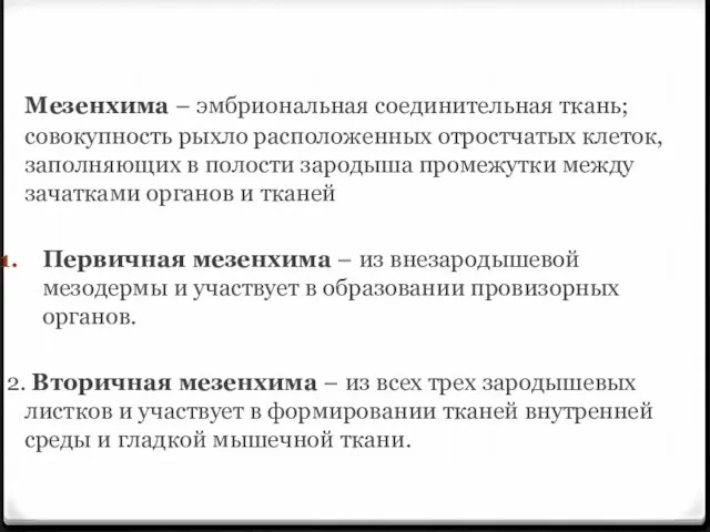 Мезенхима – эмбриональная соединительная ткань; совокупность рыхло расположенных отростчатых клеток,