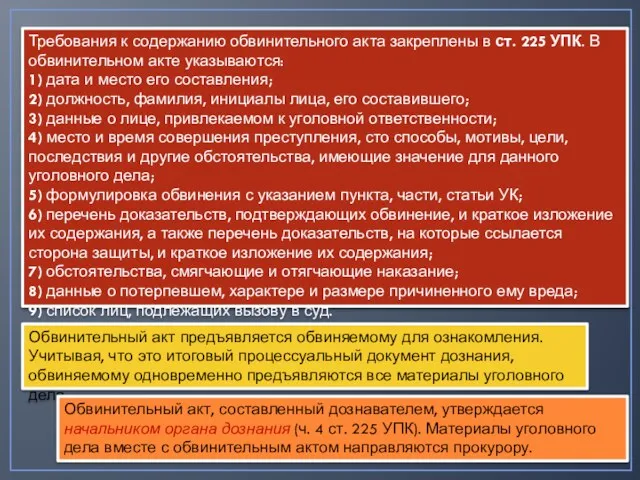 Требования к содержанию обвинительного акта закреплены в ст. 225 УПК. В обвинительном акте