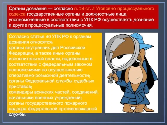 Органы дознания — согласно п. 24 ст. 5 Уголовно-процессуального кодекса государственные органы и