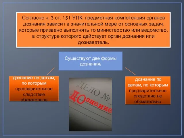 Согласно ч. 3 ст. 151 УПК: предметная компетенция органов дознания