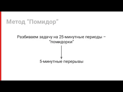 Разбиваем задачу на 25-минутные периоды – “помидорки” 5-минутные перерывы Метод “Помидор”