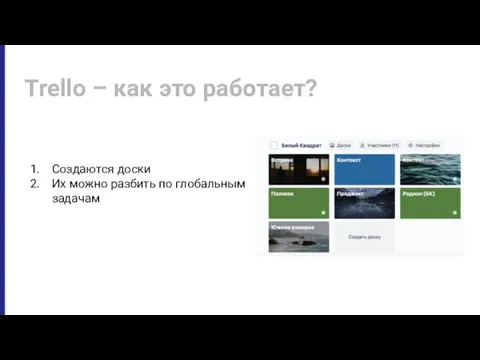 Trello – как это работает? Создаются доски Их можно разбить по глобальным задачам