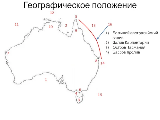 Географическое положение Большой австралийский залив Залив Карпентария Остров Тасмания Бассов пролив 1 2