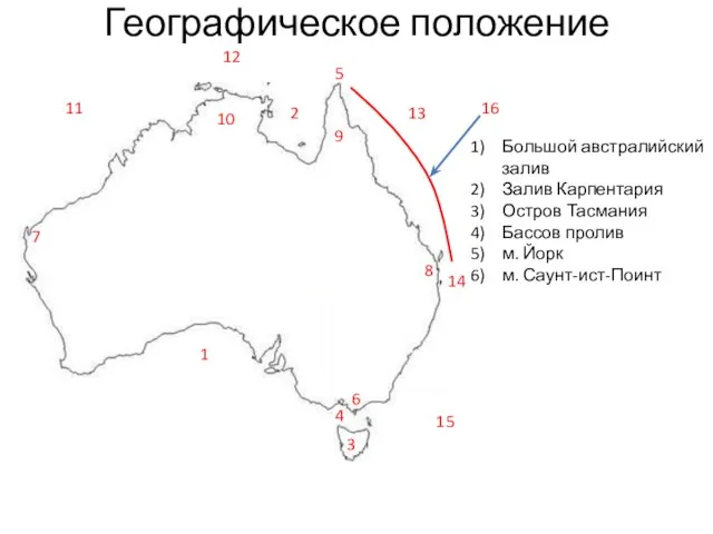 Географическое положение Большой австралийский залив Залив Карпентария Остров Тасмания Бассов пролив м. Йорк