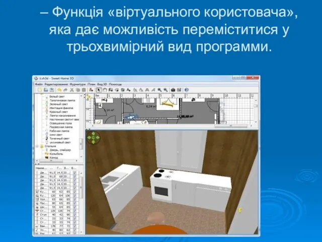 – Функція «віртуального користовача», яка дає можливість переміститися у трьохвимірний вид программи.