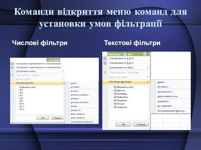 Команди відкриття меню команд для установки умов фільтрації Числові фільтри Текстові фільтри