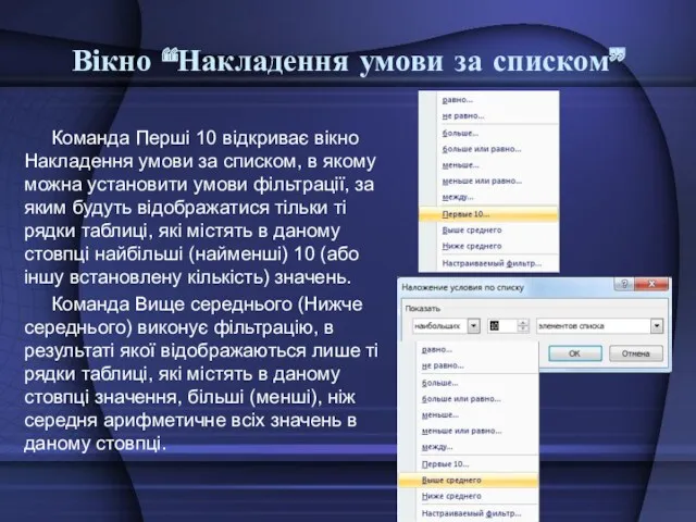 Вікно “Накладення умови за списком” Команда Перші 10 відкриває вікно