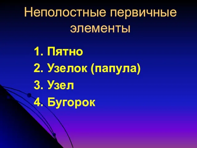 Неполостные первичные элементы 1. Пятно 2. Узелок (папула) 3. Узел 4. Бугорок