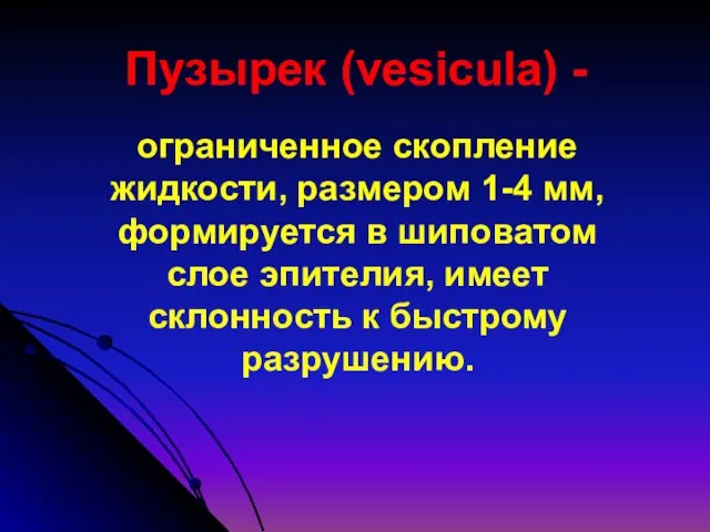 Пузырек (vesicula) - ограниченное скопление жидкости, размером 1-4 мм, формируется