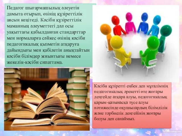 Педагог шығармашылық әлеуетін дамыта отырып, өзінің құзіреттілік аясын кеңітеді. Кәсіби