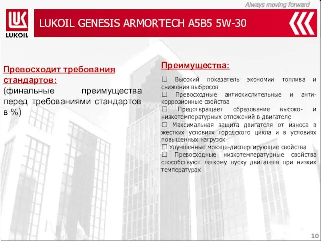 LUKOIL GENESIS ARMORTECH A5B5 5W-30 Преимущества:  Высокий показатель экономии