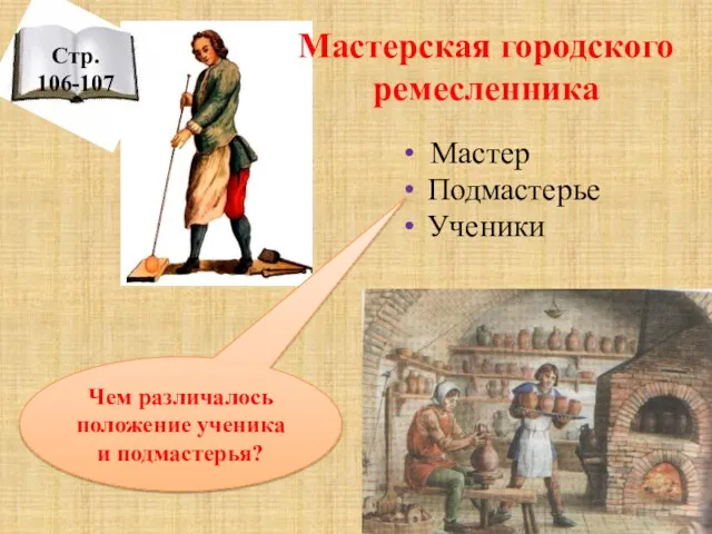 Мастерская городского ремесленника Мастер Подмастерье Ученики Стр. 106-107 Чем различалось положение ученика и подмастерья?