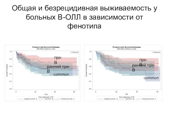 Общая и безрецидивная выживаемость у больных В-ОЛЛ в зависимости от