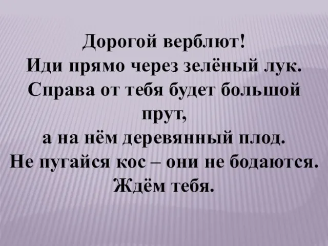 Дорогой верблют! Иди прямо через зелёный лук. Справа от тебя