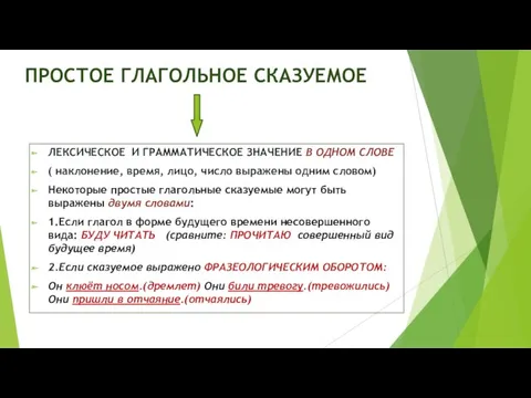 ПРОСТОЕ ГЛАГОЛЬНОЕ СКАЗУЕМОЕ ЛЕКСИЧЕСКОЕ И ГРАММАТИЧЕСКОЕ ЗНАЧЕНИЕ В ОДНОМ СЛОВЕ ( наклонение, время,