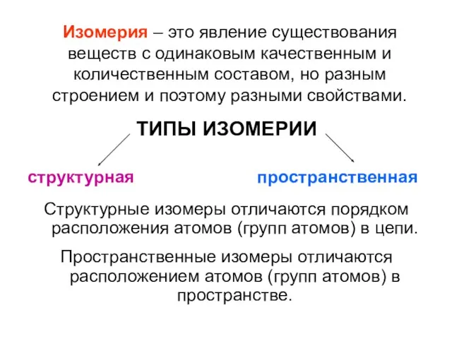 Изомерия – это явление существования веществ с одинаковым качественным и