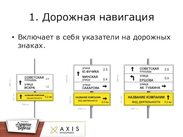 1. Дорожная навигация Включает в себя указатели на дорожных знаках.