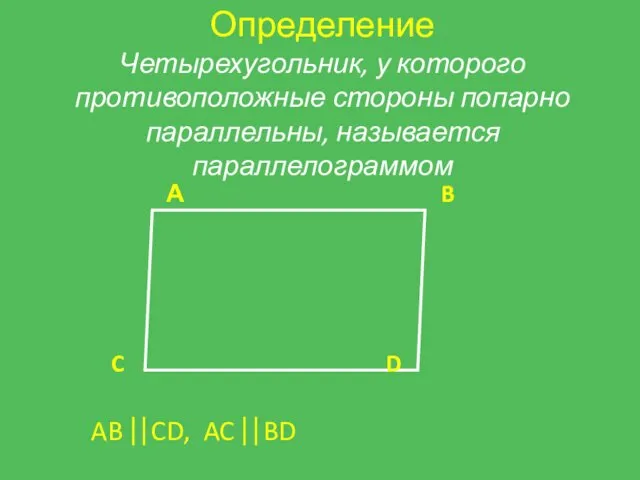 А B C D AB ⎢⎢CD, AC ⎢⎢BD Определение Четырехугольник,