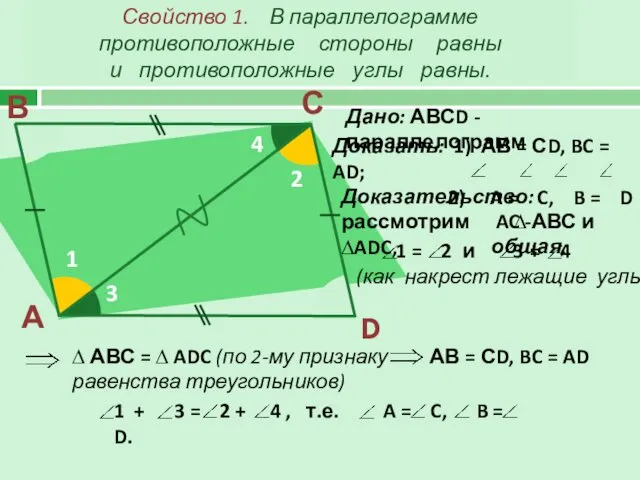 Свойство 1. В параллелограмме противоположные стороны равны и противоположные углы