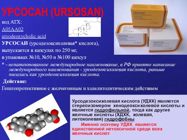 код ATX: A05AA02 ursodeoxycholic acid УРСОСАН (урсодезоксихолевая* кислота), выпускается в