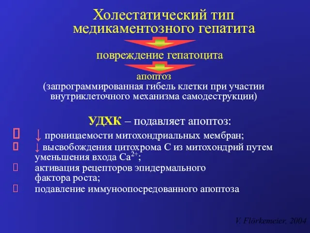 Холестатический тип медикаментозного гепатита ↓ проницаемости митохондриальных мембран; ↓ высвобождения