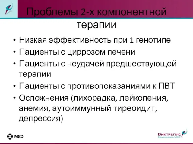 Проблемы 2-х компонентной терапии Низкая эффективность при 1 генотипе Пациенты