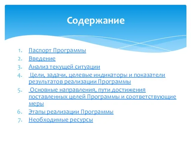 Паспорт Программы Введение Анализ текущей ситуации Цели, задачи, целевые индикаторы