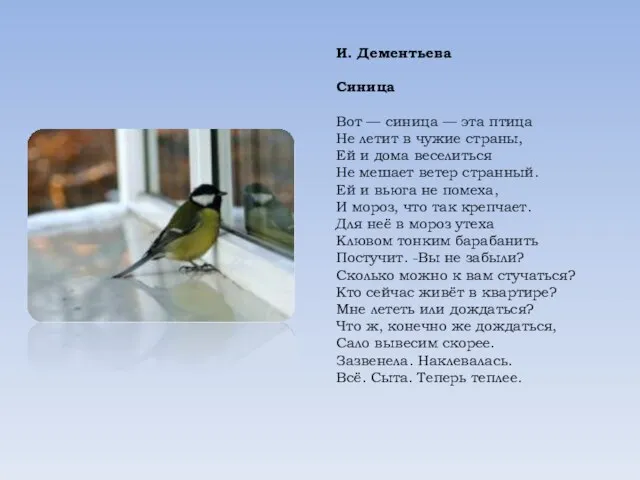 И. Дементьева Синица Вот — синица — эта птица Не