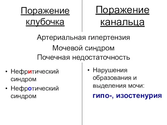 Поражение клубочка Нефритический синдром Нефротический синдром Нарушения образования и выделения