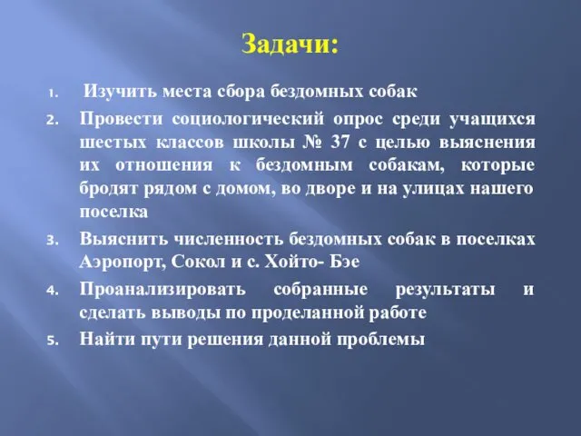 Задачи: Изучить места сбора бездомных собак Провести социологический опрос среди