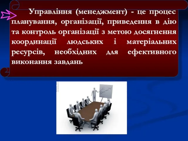 Управління (менеджмент) - це процес планування, організації, приведення в дію