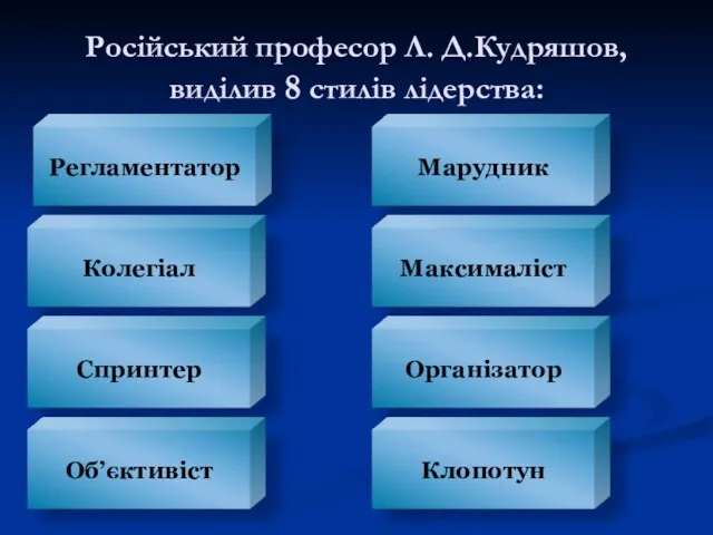 Російський професор Л. Д.Кудряшов, виділив 8 стилів лідерства: