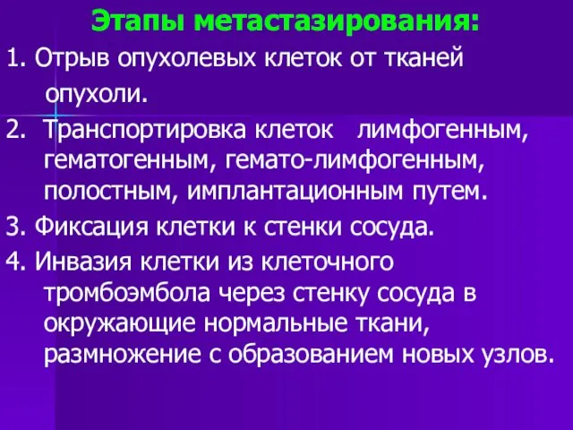 Этапы метастазирования: 1. Отрыв опухолевых клеток от тканей опухоли. 2.