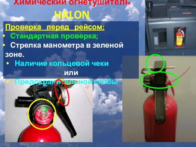 Химический огнетушитель HALON Проверка перед рейсом: Стандартная проверка; Стрелка манометра
