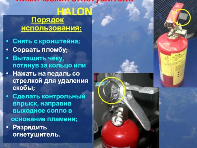 Химический огнетушитель HALON Порядок использования: Снять с кронштейна; Сорвать пломбу;