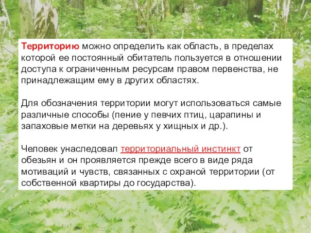 Территорию можно определить как область, в пределах которой ее постоянный