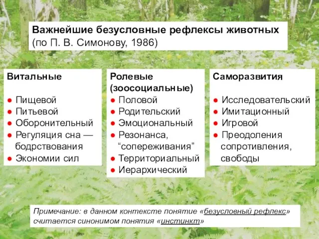 Витальные ● Пищевой ● Питьевой ● Оборонительный ● Регуляция сна