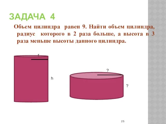 ЗАДАЧА 4 Объем цилиндра равен 9. Найти объем цилиндра, радиус