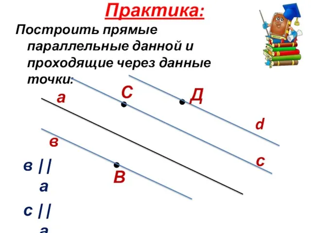 Практика: Построить прямые параллельные данной и проходящие через данные точки: