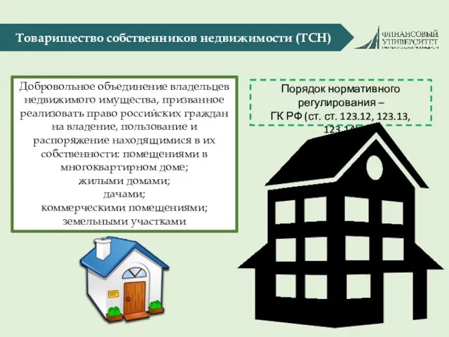 Товарищество собственников недвижимости (ТСН) Добровольное объединение владельцев недвижимого имущества, призванное