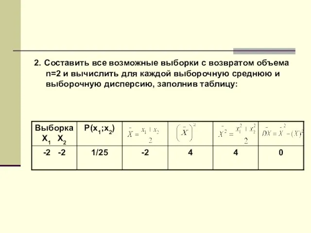 2. Составить все возможные выборки с возвратом объема n=2 и