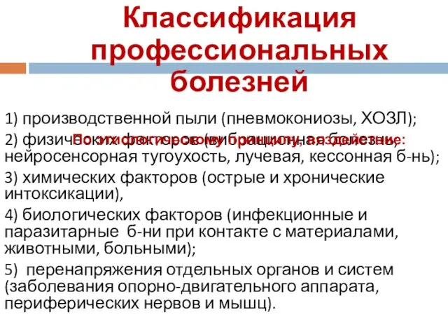 1) производственной пыли (пневмокониозы, ХОЗЛ); 2) физических факторов (вибрационная болезнь; нейросенсорная тугоухость, лучевая,