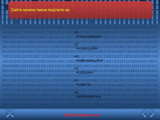 Сайти можна також поділити на: 1 персональні 2 комерційні 3